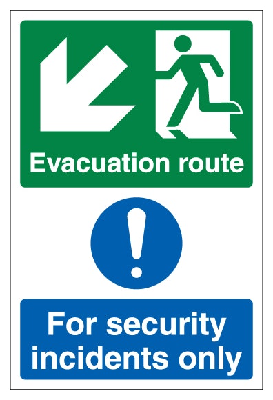 Evacuation Route Arrow Down Left Security Incidents Only Portrait
