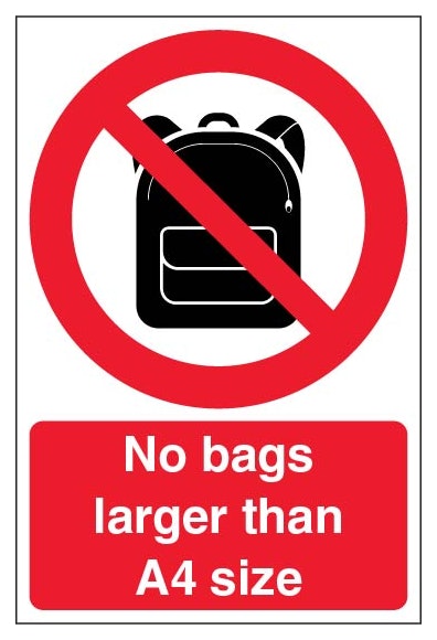 No Bags Larger Than A4 Size Portrait