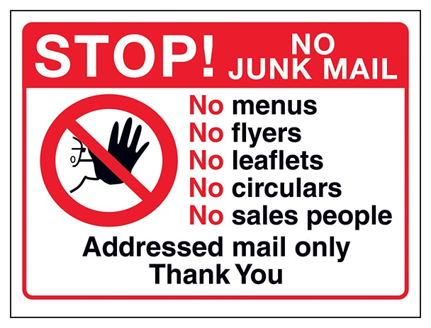 Stop No Junk Mail No Menus No Flyers No Circulars No Sales