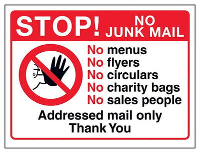Stop No Junk Mail No Menus No Addressed Mail Thank You