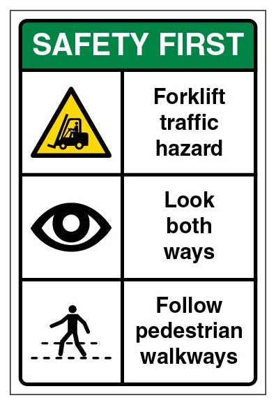 Safety First Forklift Traffic Hazard Look Both Ways Follow Pedestrian Walkways Portrait
