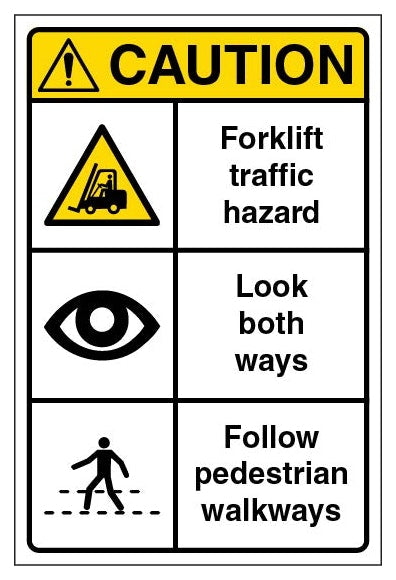 Caution Forklift Traffic Hazard Look Both Ways Follow Pedestrian Walkways Portrait