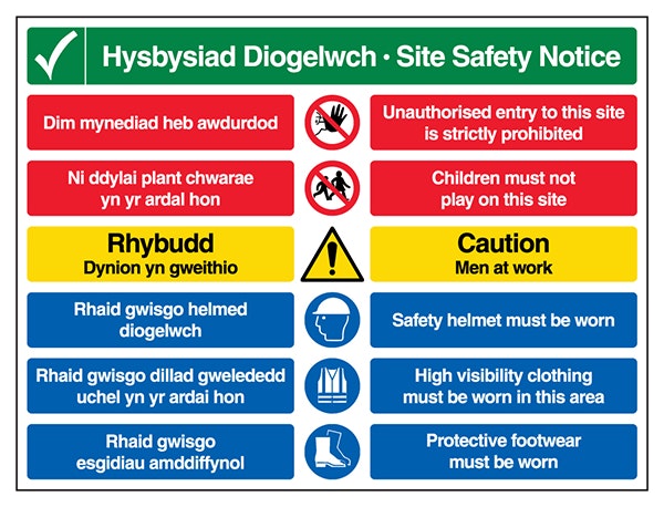Welsh English Multi Hazard Site Safety Notice 6 Points