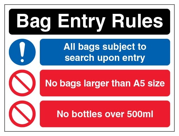 Bag Entry Rules No Bags Larger Than A5 Size Landscape