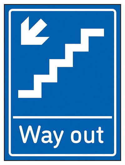 Way Out Arrow Down Stairs Left Blue