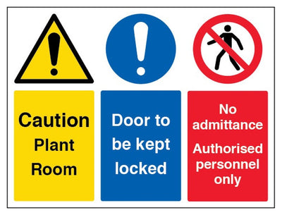 Caution Plant Room / Door Kept Locked Sign - Landscape