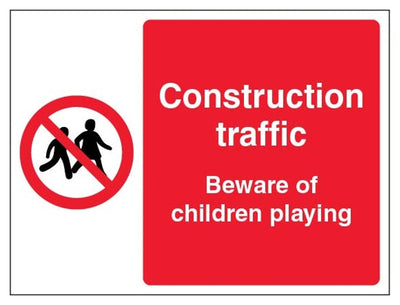 Construction Traffic Beware Of Children Playing Sign - Landscape
