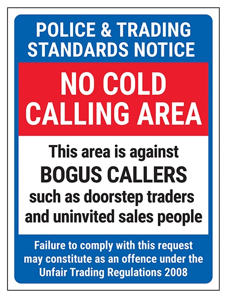 Police And Trading Standards Notice No Cold Calling Area Against Bogus Callers Failure To Comply