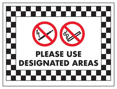 No Smoking or Vaping, Please Use Designated Areas Sign