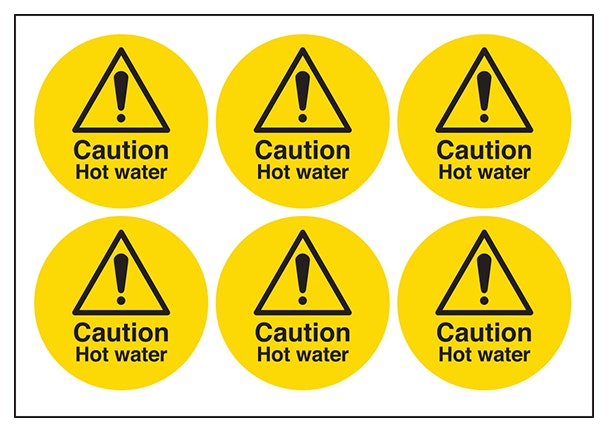 Caution Hot Water Vinyl Labels On A Sheet