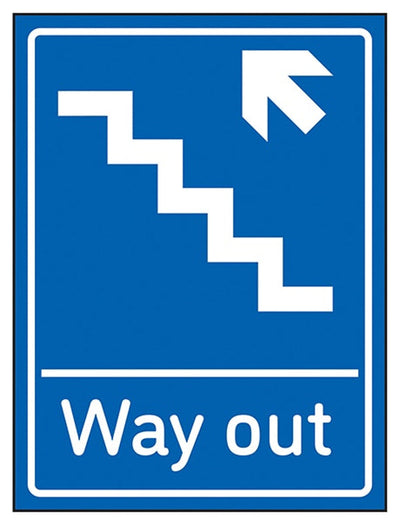 Way Out Arrow Up Stairs Left Blue Sign