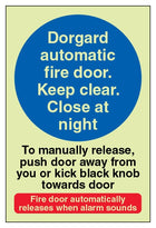 Photoluminescent Dorgard Automatic Fire Door - To Manually Release Push Door