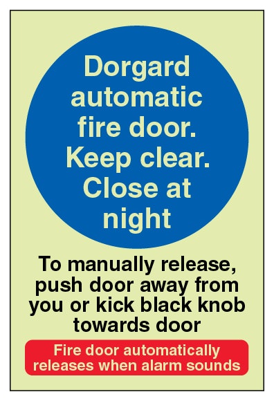 Photoluminescent Dorgard Automatic Fire Door To Manually Release Push Door