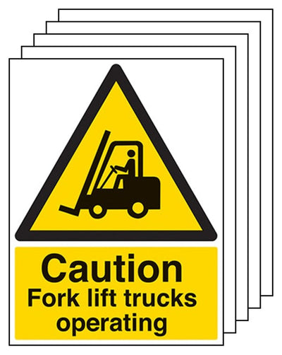 5-Pack Caution Fork Lift Trucks Operating Signs - Portrait