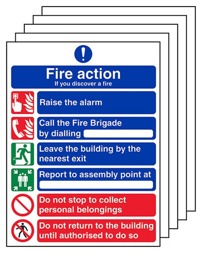 5 Pack 6 Point Fire Action If You Discover A Fire