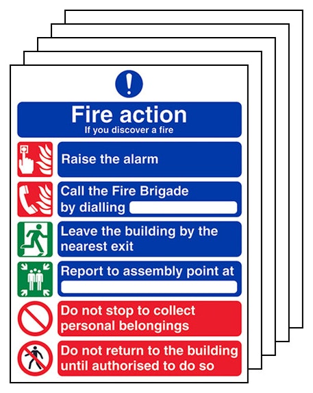 5 Pack 6 Point Fire Action If You Discover A Fire