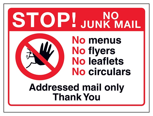 Stop No Junk Mail No Menus No Flyers No Leaflets No Circulars