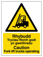 Welsh/English - Caution Fork Lift Trucks Operating