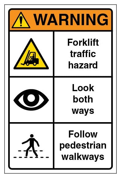 Warning Forklift Traffic Hazard Look Both Ways Follow Pedestrian Walkways Portrait