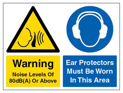 80Db Noise Warning / Ear Protectors Sign - Landscape