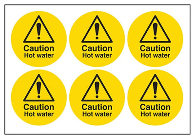 Caution Hot Water Vinyl Labels On A Sheet