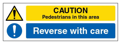 Caution Pedestrians Reverse With Care Sign - Slim Landscape