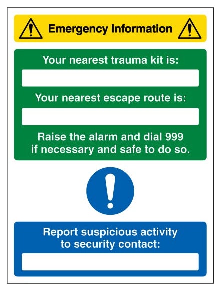 Emergency Information Nearest Trauma Kit Escape Route Is