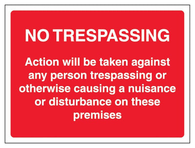 No Trespassing Action Will Be Taken On These Premises Sign - Red - Landscape