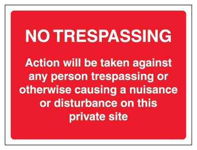 No Trespassing Action Will Be Taken On This Site Sign - Red - Landscape
