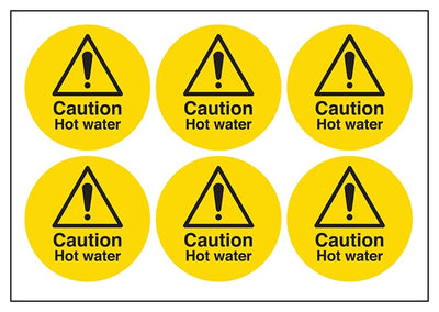 Caution Hot Water Vinyl Labels On A Sheet