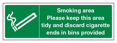 Smoking Area Please Keep This Area Tidy And Discard Cigarette Ends In Bins Provided Sign - Landscape