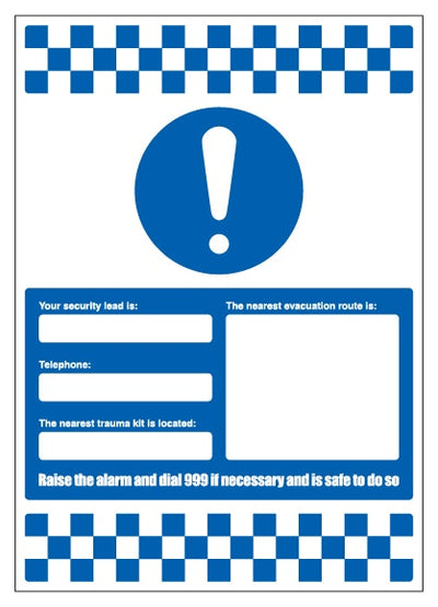 Your Security Lead Is Telephone Nearest Trauma Kit Evacuation Route