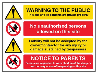 Warning Private Property No Unauthorised Persons Sign - Landscape